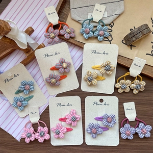 Sweet Houndstooth Fabric Flower Hair Clip And Elastic Hair Tie For Kids Girls Pastoral Floral Fabric Hair Accessories