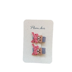 Cute Korean bear hair clips set with red plaid bows for kids' hairstyles