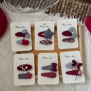 Lot de 12 barrettes à cheveux faites à la main avec nœuds rouges, gris et bleus sur carton