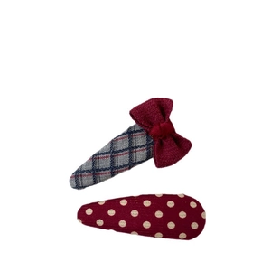 Lot de deux barrettes rouges à nœud avec tissu à carreaux gris et pois blancs