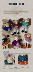 Detailed view of handmade knitted wool dolls in various colorful outfits and styles