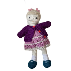 Handmade crochet wool doll in colorful knit dress and cardigan for kids gift