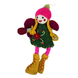 Handmade wool felt fairy girl pendant with purple wings and colorful outfit