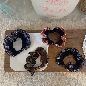 Korean Style Plaid Ruffle Scrunchies For Women Girls Vintage Fabric Contrast Color Hair Ties Elastic Ponytail Holder
