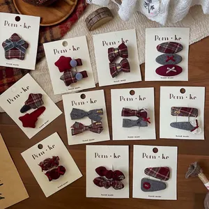 Handmade school style plaid bow hair clips set with fabric textures for girls
