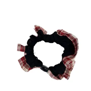 Plaid lace scrunchie with silver V pendant and black knit fabric for high ponytails