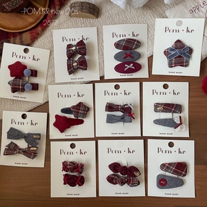 Set of 11 vintage plaid bow hair clips for girls in red and grey fabric styles