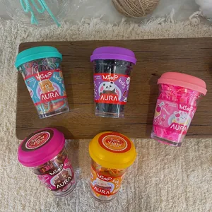 Kids candy colored elastic hair bands in creative mini coffee cup jars with cute cartoons