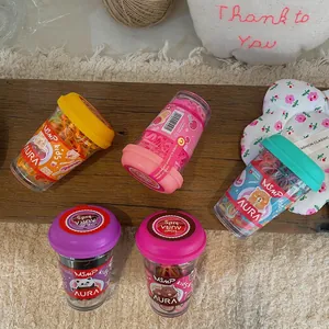 Set of 5 colorful kids high elastic hair ties in transparent cups with cute animal labels