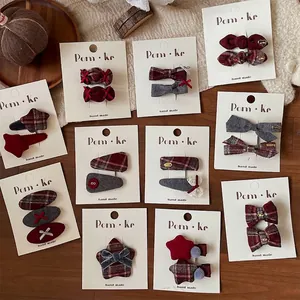 Korean Style Plaid Bowknot Fabric Hair Clips For Girls Sweet Pastoral Star Pompom Handmade Hair Barrettes Hair Accessories