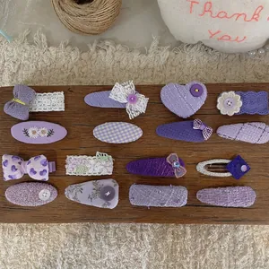 Purple Fabric Bow Hair Clips Collection Handmade Lace Plaid Floral Embroidery Sweet Styling Accessories For Girls Kids