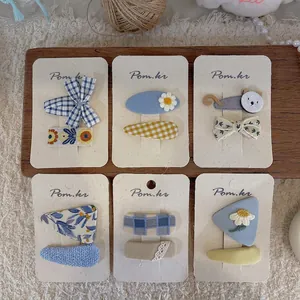 Set of 6 pairs blue fabric floral and plaid Korean style hair clips for girls
