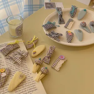 Charmant ensemble de barrettes à carreaux pour filles en tissu bleu clair et jaune