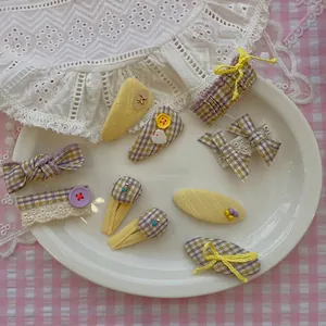 Ensemble de barrettes à cheveux style coréen avec nœuds à carreaux jaunes et tricot