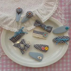 Lot de barrettes à cheveux à nœud bleu à carreaux et pinces BB en dentelle pour filles