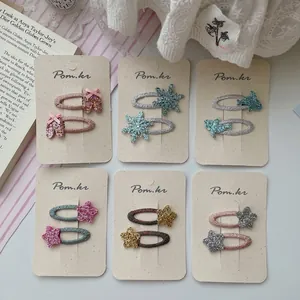 Set of 6 sweet Korean style glitter star and animal hair clips for girls on beige card