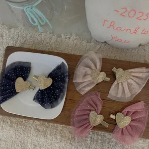 Set of 6 sequin heart gauze hair clips for girls in navy blue, champagne, and rose pink