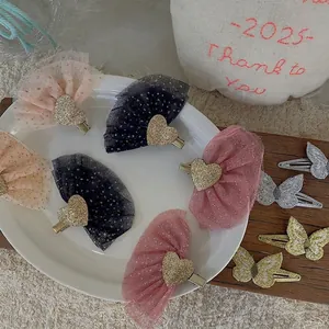 Sparkly sequin heart and butterfly mesh hair clips for girls in various pastel colors