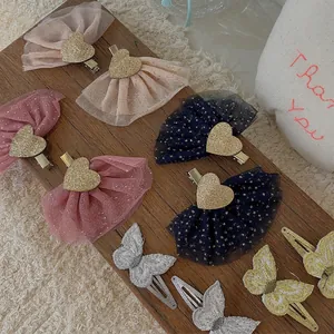 Sweet Mesh Sequin Heart Wing Hair Clips For Girls Handmade Embroidered Butterfly Hairpin Princess Hair Accessories Set