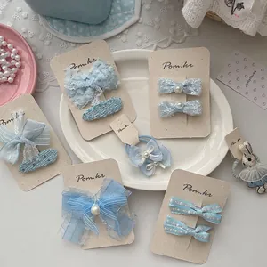 Pinces Et Élastiques À Cheveux À Nœud Bleu Doux Tissu Maille Dentelle Fausse Künstliche Perle Style Coréen Pour Bébé Enfants Filles