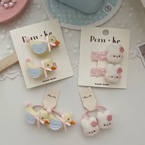 Pinzas para el Cabello y Coleteros Infantiles Dibujos Animados Pato Conejo Hecho a Mano Tela Encaje Lazo Accesorios para el Pelo