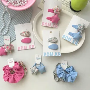 Ensemble de barrettes en tissu floral et grands chouchous en rose et bleu pour filles