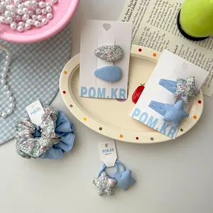 Parure d'accessoires cheveux en tissu floral avec pinces étoiles et chouchous bleus