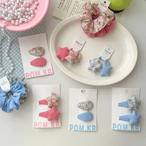 Ensemble de Barrettes à Cheveux et Chouchous en Tissu Floral Doux Coréen Rose Bleu Petits Élastiques pour Filles