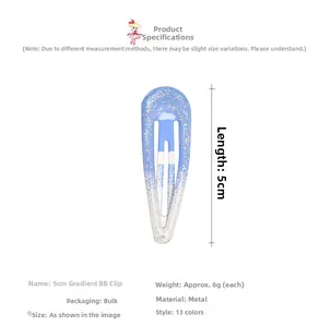 Detailed view of 5cm blue and white gradient metal BB hair clip with silver glitter finish