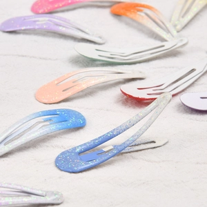 Sparkly glitter metal snap hair clips for girls in colorful gradient paint finishes