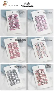 Detail showing six sets of colorful checkered pattern BB hair clips for girls on display cards