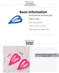 Detail of heart-shaped alloy hair clips with matte rubber paint finish and size measurements
