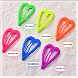 Set of 6 neon matte heart-shaped hair clips in vibrant fluorescent colors on white background