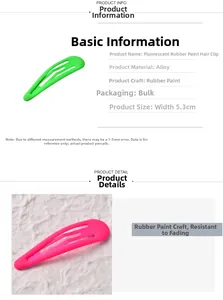 Detail view of 5.3cm neon pink and green snap hair clips with matte rubber paint finish