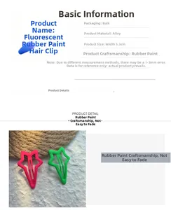Detail of 5.3cm star-shaped hair clips with fluorescent rubber paint finish on alloy