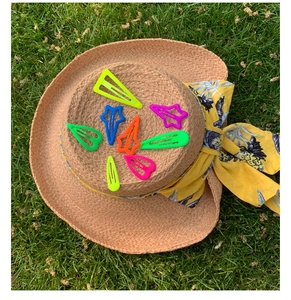 Neon color matte hair clips set on straw hat featuring drop and star shapes