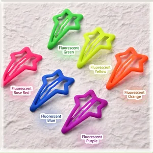 Set of six neon fluorescent star hair clips with matte finish in vibrant assorted colors