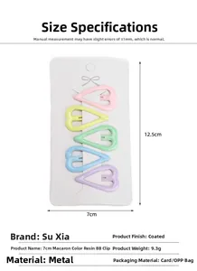 Lot de cinq pinces à cheveux en métal en forme de cœur aux couleurs macaron sur carte