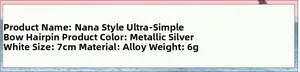 Detailed specifications of silver bow hair clip showing material alloy and 7cm size info