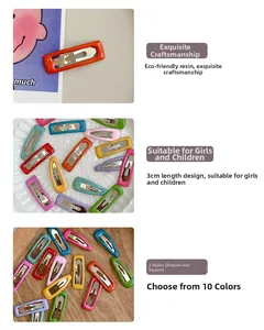 Detail of 3cm candy-colored square and teardrop hair clips for girls in ten bright colors