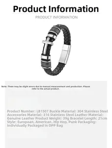 Detail of woven leather bracelet featuring stainless steel cross and magnetic clasp