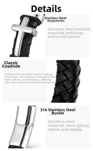 Detail of men's leather bracelet with 316L stainless steel cross and magnetic buckle