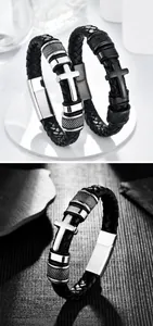Close-up of woven leather bracelet with cross pendant and polished magnetic clasp