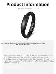 Detailed view of men's black woven microfiber leather bracelet with 316 stainless steel clasp