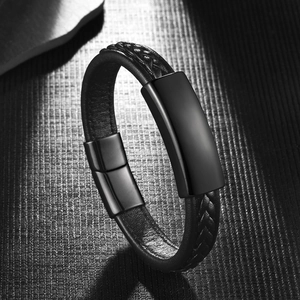 Minimalist black braided leather bracelet for men with magnetic metal buckle and clasp
