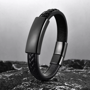 Men's Stainless Steel Braided Microfiber Leather Bracelet Geometric ID Plate Bangle Magnetic Clasp Fashion Jewelry Gift