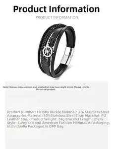 Detailansicht eines Herren-Lederarmbands mit einem Edelstahl-Steuerrad und Magnetverschluss