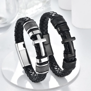 Men's Stainless Steel Cross Braided Genuine Leather Bracelet Western Fashion Punk Magnetic Clasp Jewelry Gift For Men