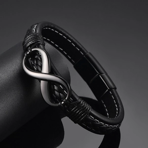 Men's black braided leather infinity bracelet with matte magnetic clasp for Father's Day