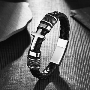Men's braided leather bracelet with stainless steel cross charm and magnetic clasp